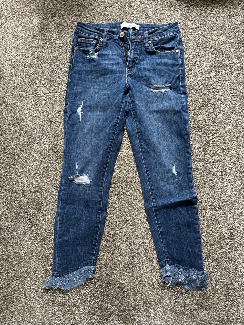 KanCan Dark Blue Skinny Jeans with Distressed Details and Frayed Hem